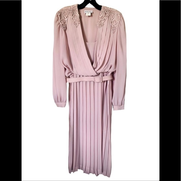 VTG mauve midi dress szS/M 70s In The Mood pleated secretary lace office vintage - Picture 9 of 10